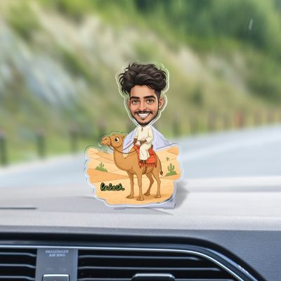Personalized Caricature Bobblehead with Camel Desert Theme, Custom Cartoon Character Face Cutout & Name | Battery Powered Moving Head Decoration Items for Home & Car Dashboard